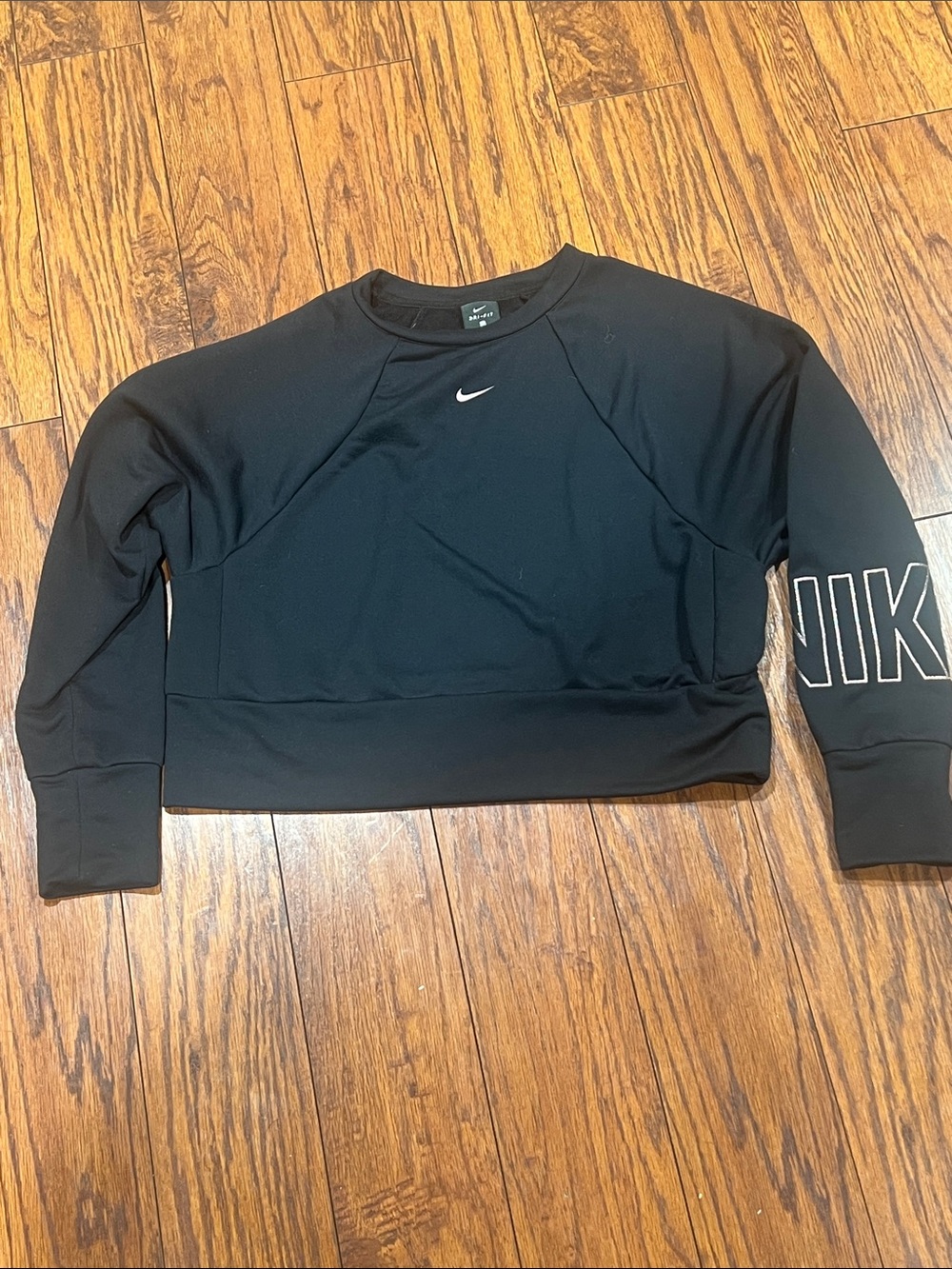 Nike Black Cropped Crew with White Swoosh and Sleeve Script